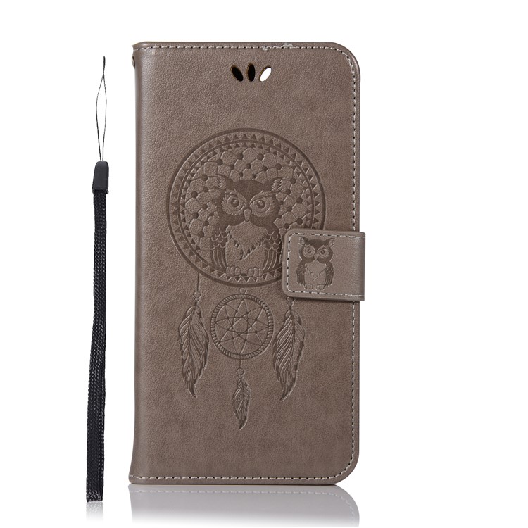 For Huawei Honor 7X Imprint Owl Dream Catcher Pattern Leather Wallet Casing - Grey-2