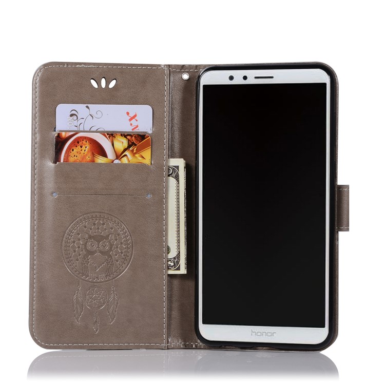 For Huawei Honor 7X Imprint Owl Dream Catcher Pattern Leather Wallet Casing - Grey-4