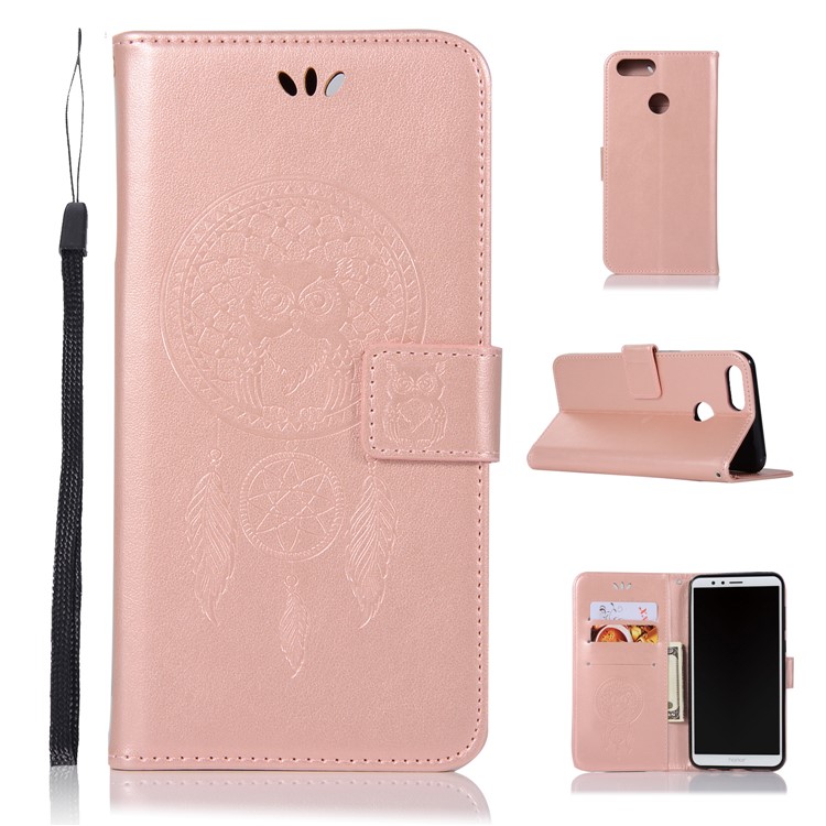 For Huawei Honor 7X Imprint Owl Dream Catcher Pattern Leather Wallet Protective Cover Shell - Rose Gold-1