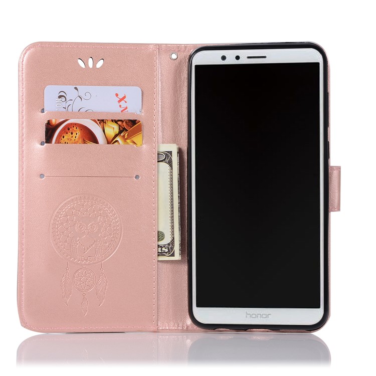 For Huawei Honor 7X Imprint Owl Dream Catcher Pattern Leather Wallet Protective Cover Shell - Rose Gold-4