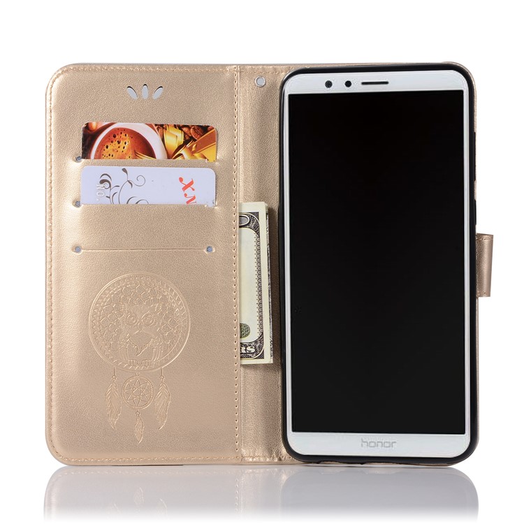For Huawei Honor 7X Imprint Owl Dream Catcher Pattern PU Leather Wallet Flip Shell Accessory - Gold-4