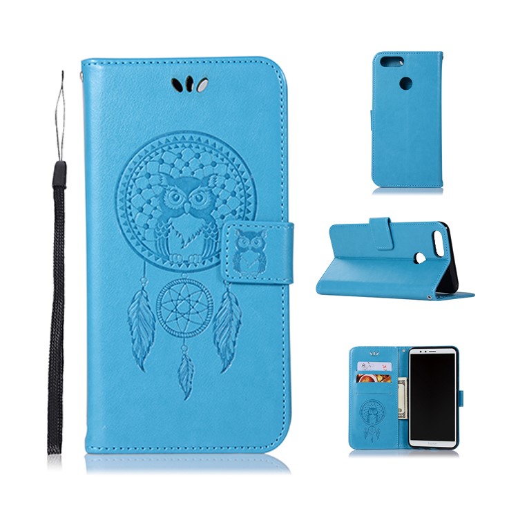 For Huawei Honor 7X Imprint Owl Dream Catcher Pattern Leather Stand Wallet Folio Casing - Blue-1