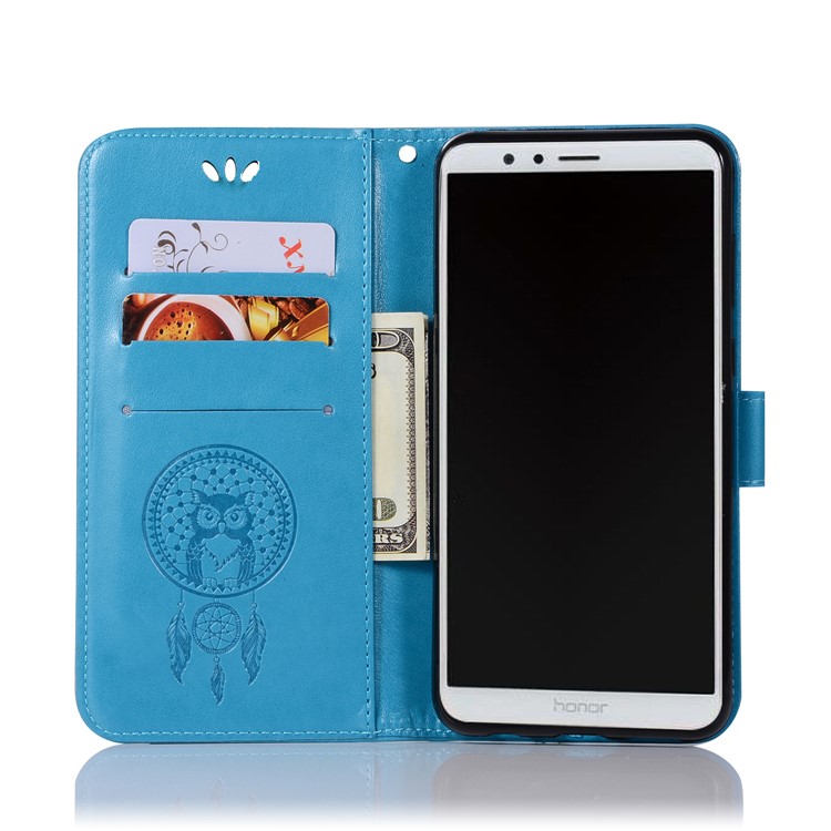 For Huawei Honor 7X Imprint Owl Dream Catcher Pattern Leather Stand Wallet Folio Casing - Blue-4