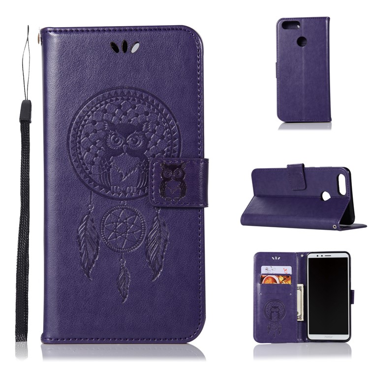 For Huawei Honor 7X Imprint Owl Dream Catcher Pattern PU Leather Wallet Protection Case Cover - Purple-1