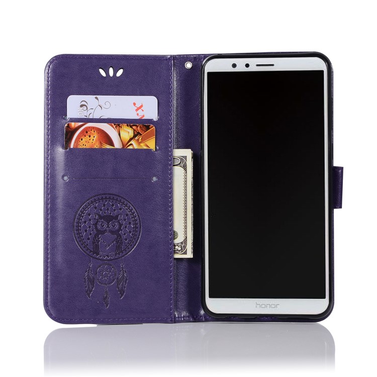 For Huawei Honor 7X Imprint Owl Dream Catcher Pattern PU Leather Wallet Protection Case Cover - Purple-4