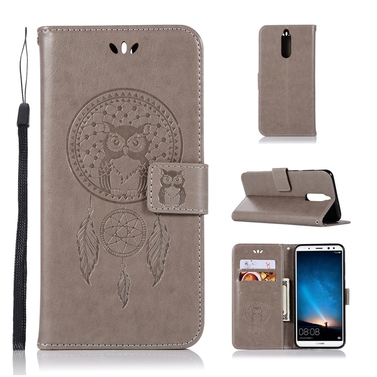 Imprinted Dream Catcher Owl Leather Wallet Cover for Huawei Mate 10 Lite / nova 2i / Maimang 6 / Honor 9i (India) - Grey-1
