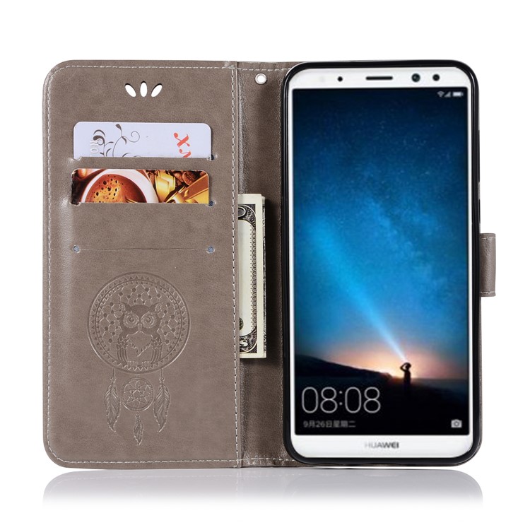 Imprinted Dream Catcher Owl Leather Wallet Cover for Huawei Mate 10 Lite / nova 2i / Maimang 6 / Honor 9i (India) - Grey-4