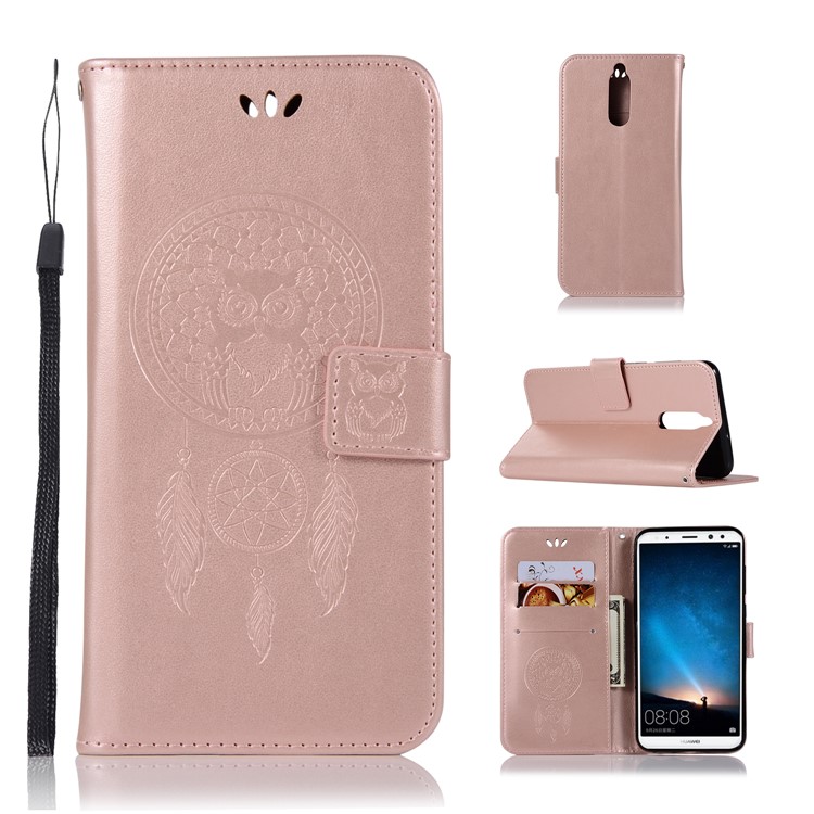 Imprinted Dream Catcher Owl PU Leather Wallet Case for Huawei Mate 10 Lite / nova 2i / Maimang 6 / Honor 9i (India) - Rose Gold-1