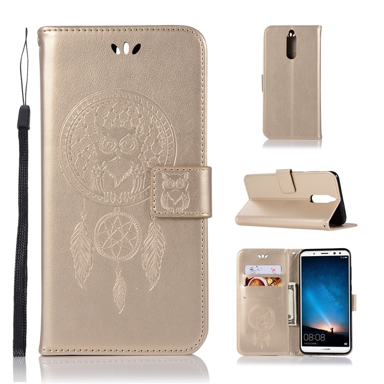 Imprinted Dream Catcher Owl Leather Wallet Case with Stand for Huawei Mate 10 Lite / nova 2i / Maimang 6 / Honor 9i (India) - Gold-1