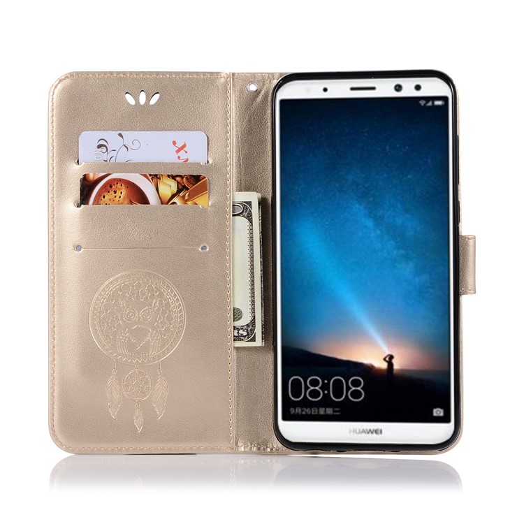 Imprinted Dream Catcher Owl Leather Wallet Case with Stand for Huawei Mate 10 Lite / nova 2i / Maimang 6 / Honor 9i (India) - Gold-4