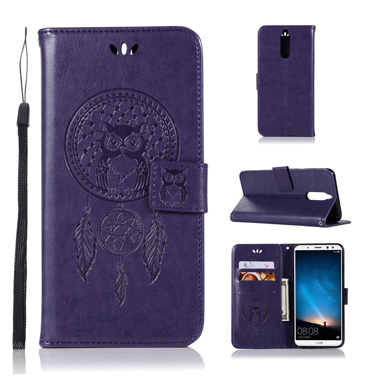 Imprinted Dream Catcher Owl Leather Wallet Case Phone Shell for Huawei Mate 10 Lite / nova 2i / Maimang 6 / Honor 9i (India) - Purple-1