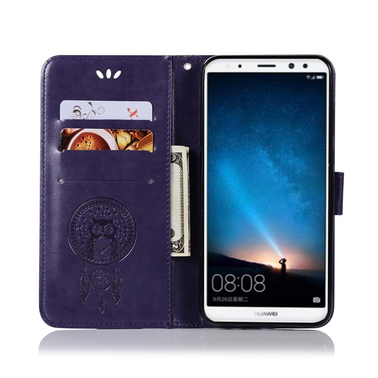 Imprinted Dream Catcher Owl Leather Wallet Case Phone Shell for Huawei Mate 10 Lite / nova 2i / Maimang 6 / Honor 9i (India) - Purple-4