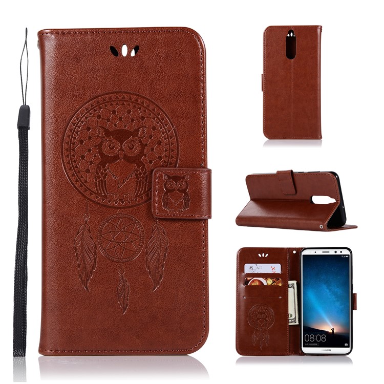 Imprinted Dream Catcher Owl Cell Phone Leather Wallet Case for Huawei Mate 10 Lite / nova 2i / Maimang 6 / Honor 9i (India) - Brown-1