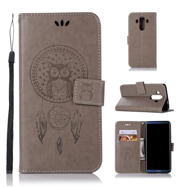 Imprint Dream Catcher Owl Magnetic Wallet PU Leather Stand Mobile Phone Cover for Huawei Mate 10 Pro - Grey-1
