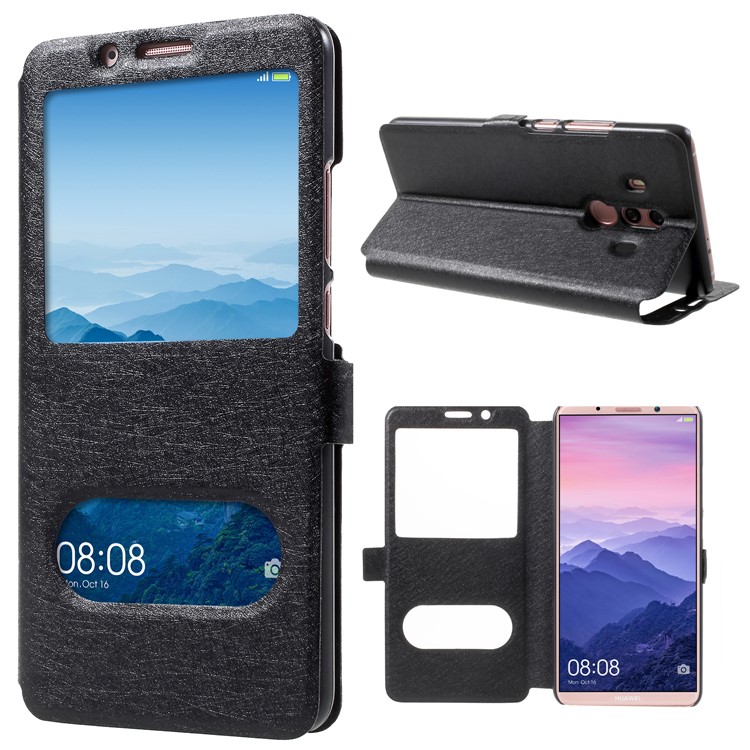Silk Texture Dual View Window Leather Flip Casing for Huawei Mate 10 Pro - Black-1