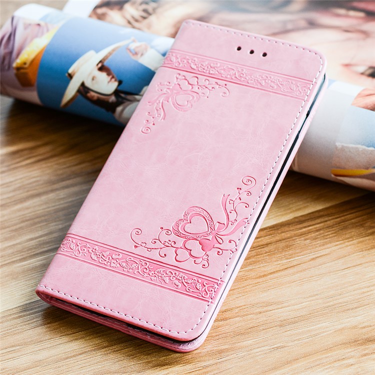 Imprint Heart Flower Leather Wallet Shell for Huawei P8 Lite (2017)/Honor 8 Lite - Pink-1