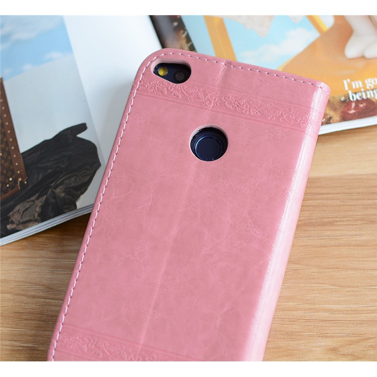 Imprint Heart Flower Leather Wallet Shell for Huawei P8 Lite (2017)/Honor 8 Lite - Pink-3