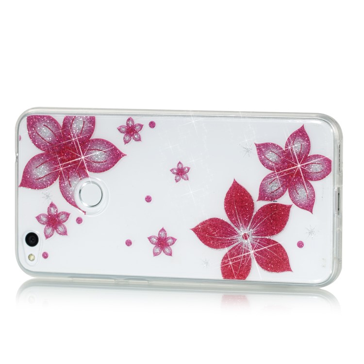 Clear IMD Glitter Powder Patterned TPU Phone Accessory Casing for Huawei P8 Lite (2017) / Honor 8 Lite - Red Flower-2