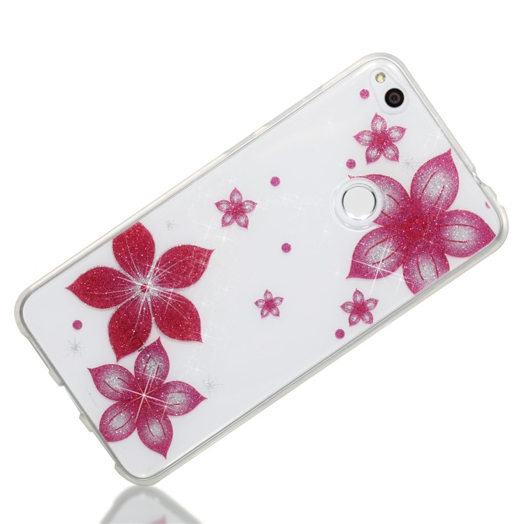 Clear IMD Glitter Powder Patterned TPU Phone Accessory Casing for Huawei P8 Lite (2017) / Honor 8 Lite - Red Flower-3