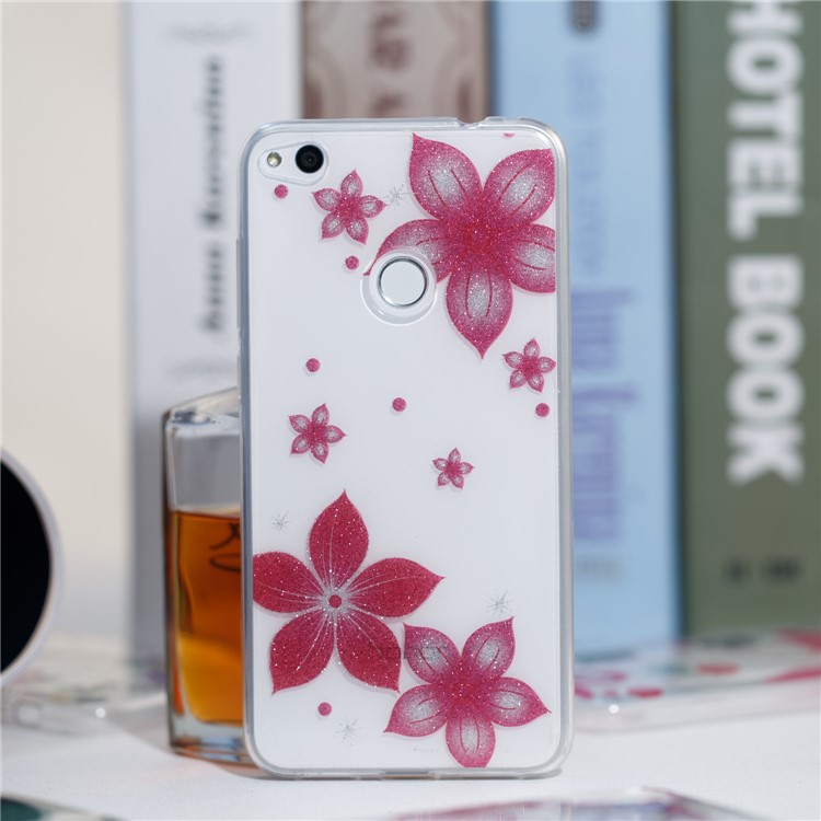 Clear IMD Glitter Powder Patterned TPU Phone Accessory Casing for Huawei P8 Lite (2017) / Honor 8 Lite - Red Flower-4