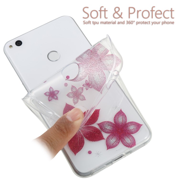 Clear IMD Glitter Powder Patterned TPU Phone Accessory Casing for Huawei P8 Lite (2017) / Honor 8 Lite - Red Flower-6