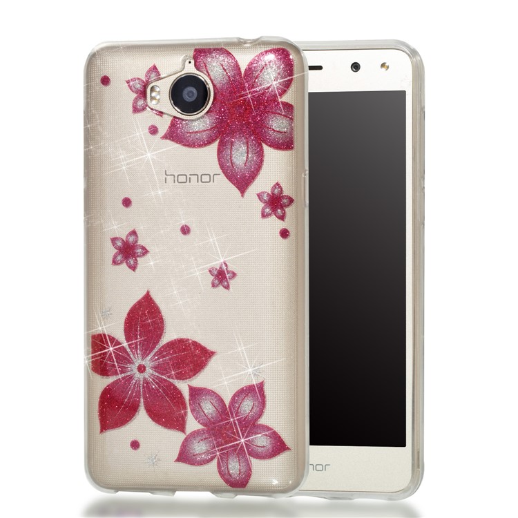 Clear Flash Powder IMD TPU Phone Shell for Huawei Y5 (2017) / Y6 (2017) - Red Flower-1