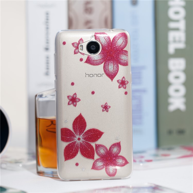 Clear Flash Powder IMD TPU Phone Shell for Huawei Y5 (2017) / Y6 (2017) - Red Flower-4