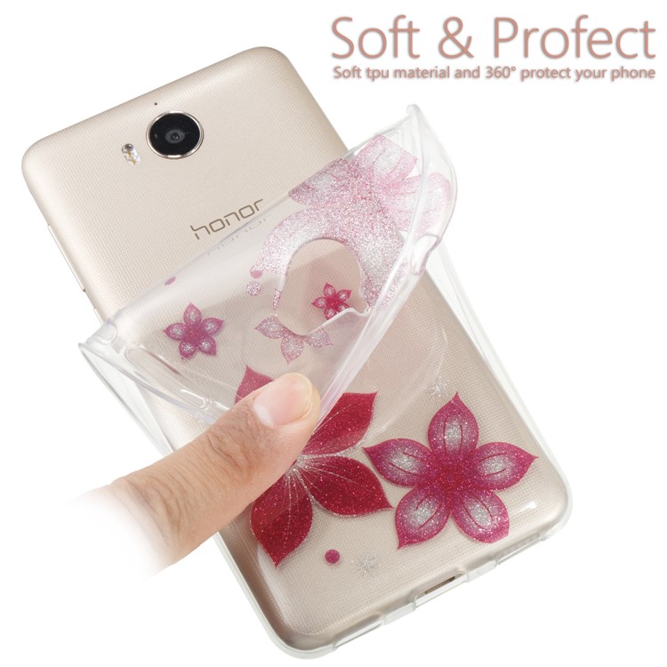Clear Flash Powder IMD TPU Phone Shell for Huawei Y5 (2017) / Y6 (2017) - Red Flower-5