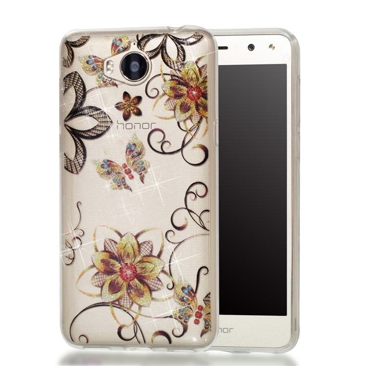 Clear Flash Powder IMD TPU Mobile Shell for Huawei Y5 (2017) / Y6 (2017) - Butterfly and Flower-1