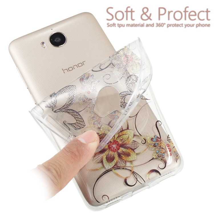 Clear Flash Powder IMD TPU Mobile Shell for Huawei Y5 (2017) / Y6 (2017) - Butterfly and Flower-5