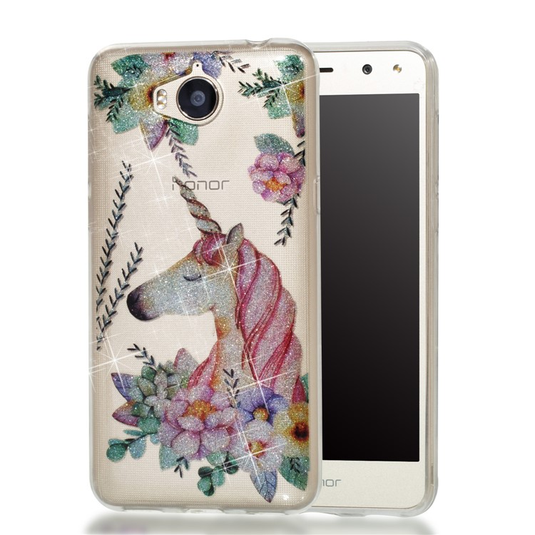 Clear Flash Powder IMD TPU Protector Cover for Huawei Y5 (2017) / Y6 (2017) - Flower and Unicorn-1