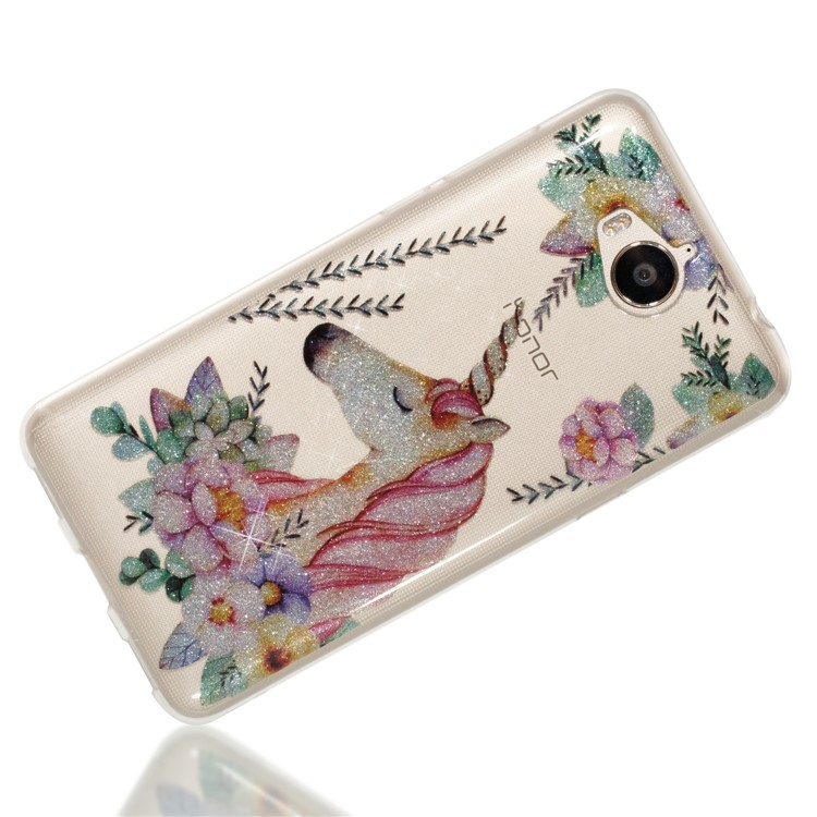Clear Flash Powder IMD TPU Protector Cover for Huawei Y5 (2017) / Y6 (2017) - Flower and Unicorn-3
