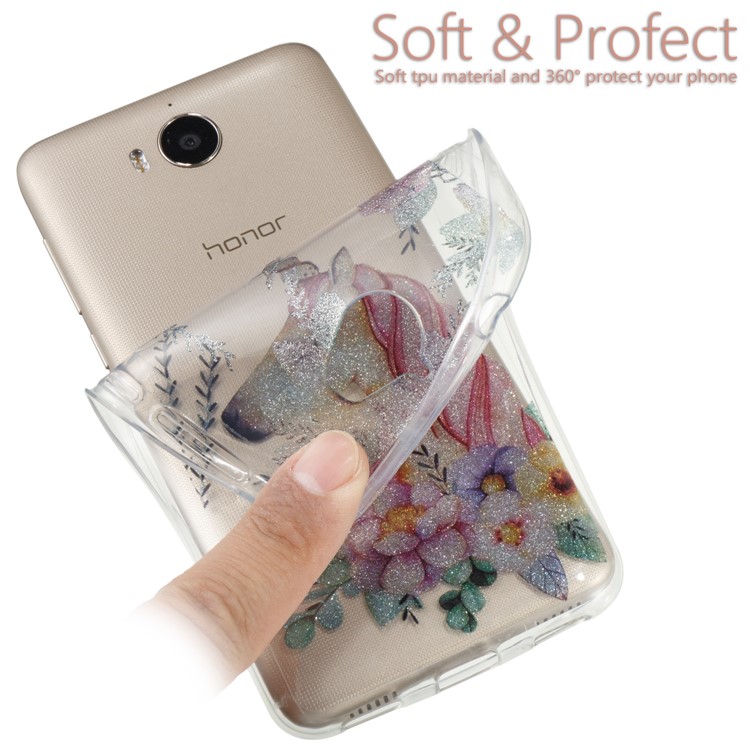 Clear Flash Powder IMD TPU Protector Cover for Huawei Y5 (2017) / Y6 (2017) - Flower and Unicorn-5