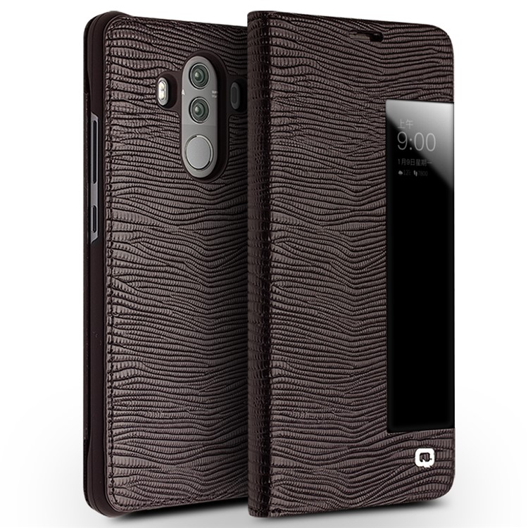 QIALINO for Huawei Mate 10 Pro Lizard Texture View Window Smart Genuine Cowhide Leather Cover - Brown-1
