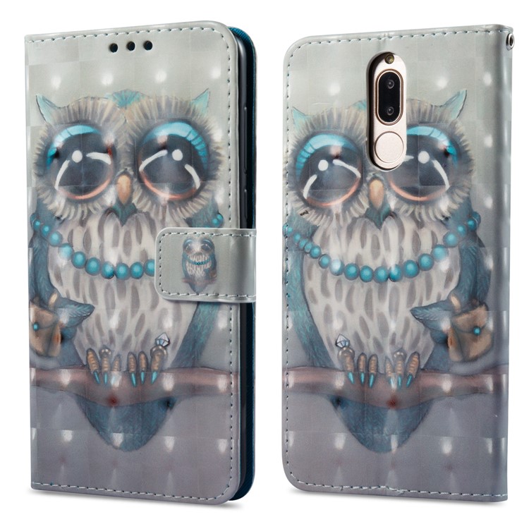 Vivid Pattern Stand Leather Wallet Cellphone Casing for Huawei Mate 10 Lite / nova 2i / Maimang 6 / Honor 9i (India) - Owl-1
