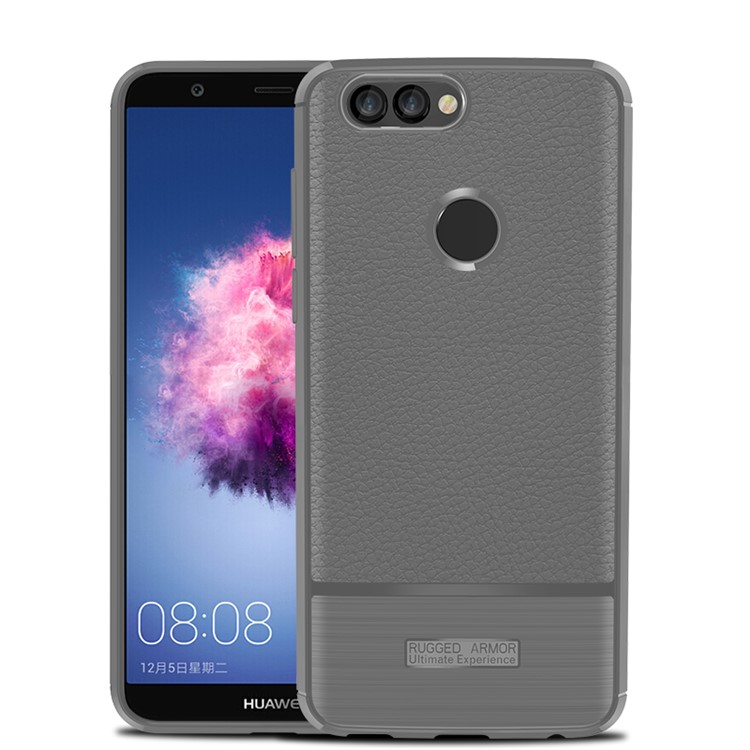 Litchi Skin Brushed TPU Cover for Huawei P Smart / Enjoy 7S - Grey