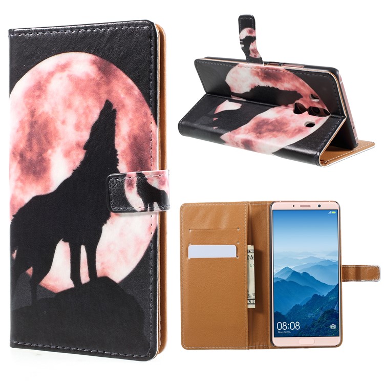 Pattern Printing Magnetic Leather Stand Casing for Huawei Mate 10 Pro - Wolf Howling At Full Moon Night-1