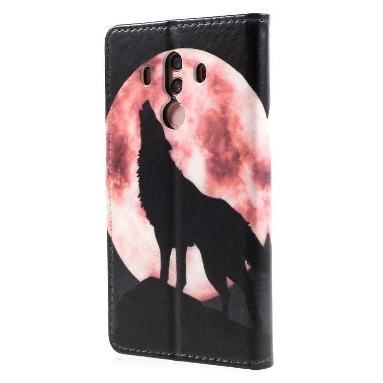 Pattern Printing Magnetic Leather Stand Casing for Huawei Mate 10 Pro - Wolf Howling At Full Moon Night-2