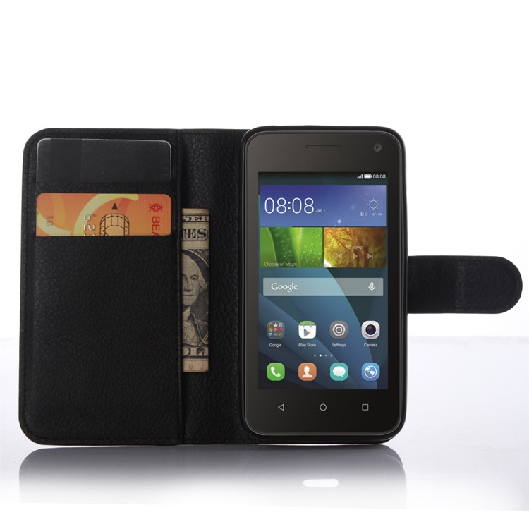 Lychee Grain Leather Wallet Cover for Huawei Y3 Y360 - Black-3