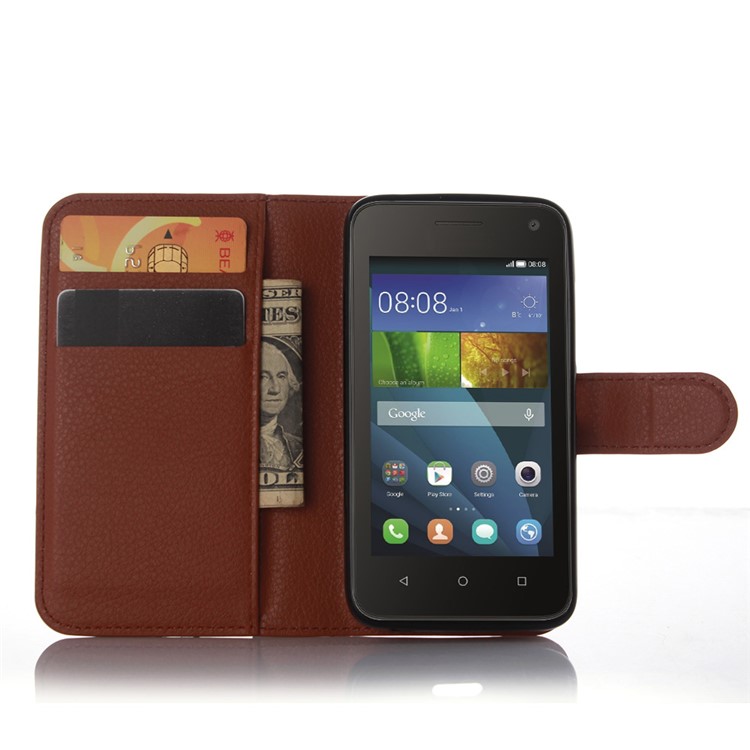 Lychee Grain Leather Card Holder Case for Huawei Y3 Y360 - Brown-3