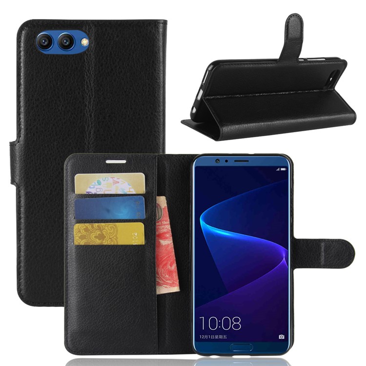 Litchi Skin PU Leather Wallet Stand Phone Shell for Huawei Honor View 10 / V10 - Black-1
