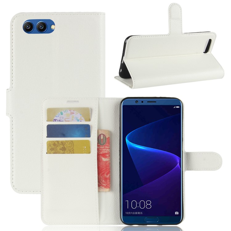 Litchi Skin PU Leather Wallet Stand Phone Case for Huawei Honor View 10 / V10 - White-1