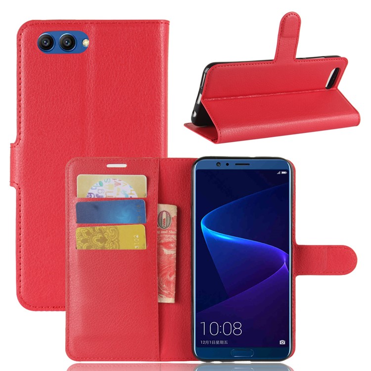 Litchi Skin PU Leather Wallet Stand Phone Cover for Huawei Honor View 10 / V10 - Red-1