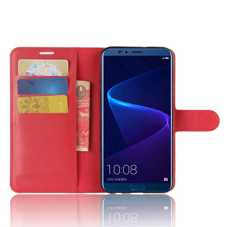 Litchi Skin PU Leather Wallet Stand Phone Cover for Huawei Honor View 10 / V10 - Red-4