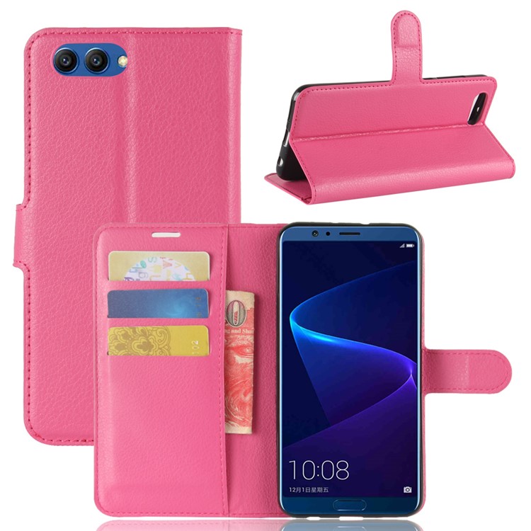 Litchi Skin PU Leather Wallet Stand Phone Casing for Huawei Honor View 10 / V10 - Rose-1