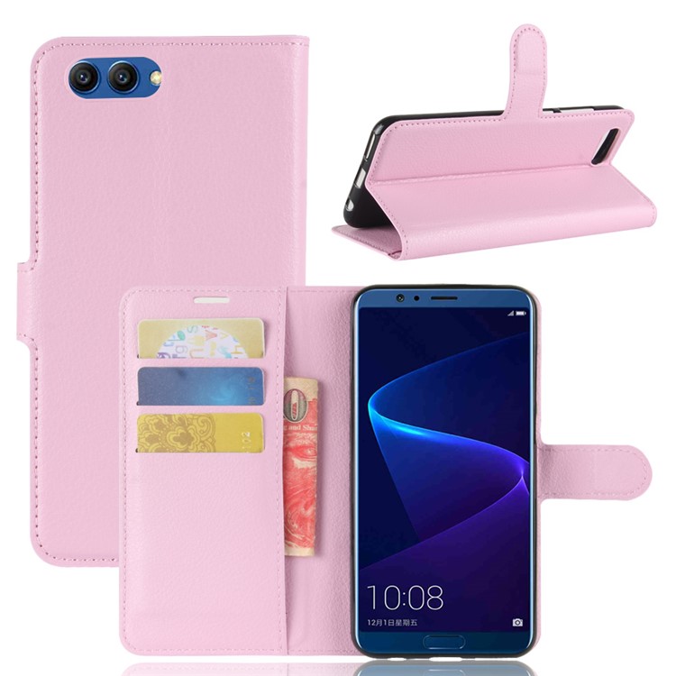 Litchi Skin PU Leather Wallet Stand Mobile Phone Shell for Huawei Honor View 10 / V10 - Pink-1