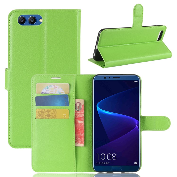 Litchi Skin PU Leather Wallet Stand Cell Phone Shell for Huawei Honor View 10 / V10 - Green-1