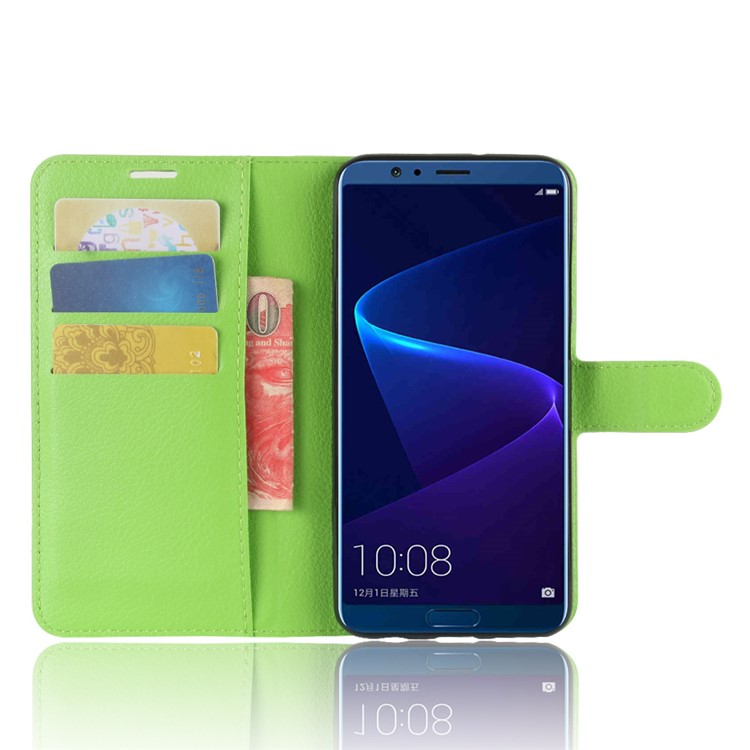 Litchi Skin PU Leather Wallet Stand Cell Phone Shell for Huawei Honor View 10 / V10 - Green-4