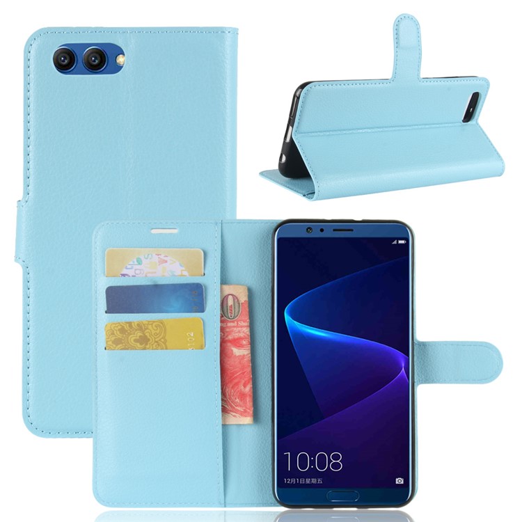 Litchi Skin PU Leather Wallet Stand Mobile Phone Cover for Huawei Honor View 10 / V10 - Blue-1