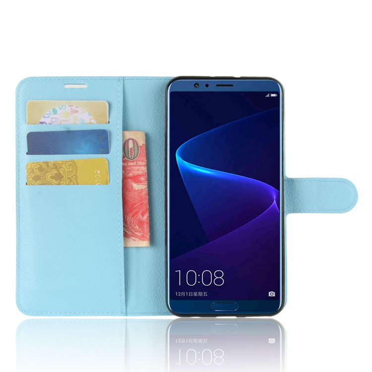 Litchi Skin PU Leather Wallet Stand Mobile Phone Cover for Huawei Honor View 10 / V10 - Blue-4